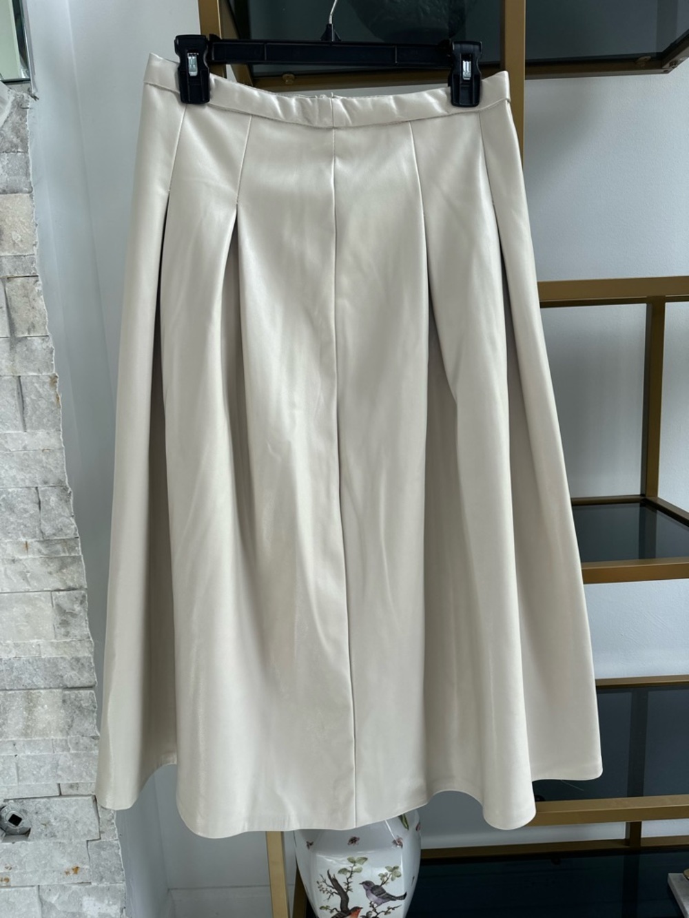 Halogen Cream A-Line Pleated Midi Faux Leather Skirt